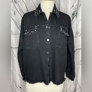 Zara Black Oversized Rhinestone Embellished Frayed Denim Jacket S